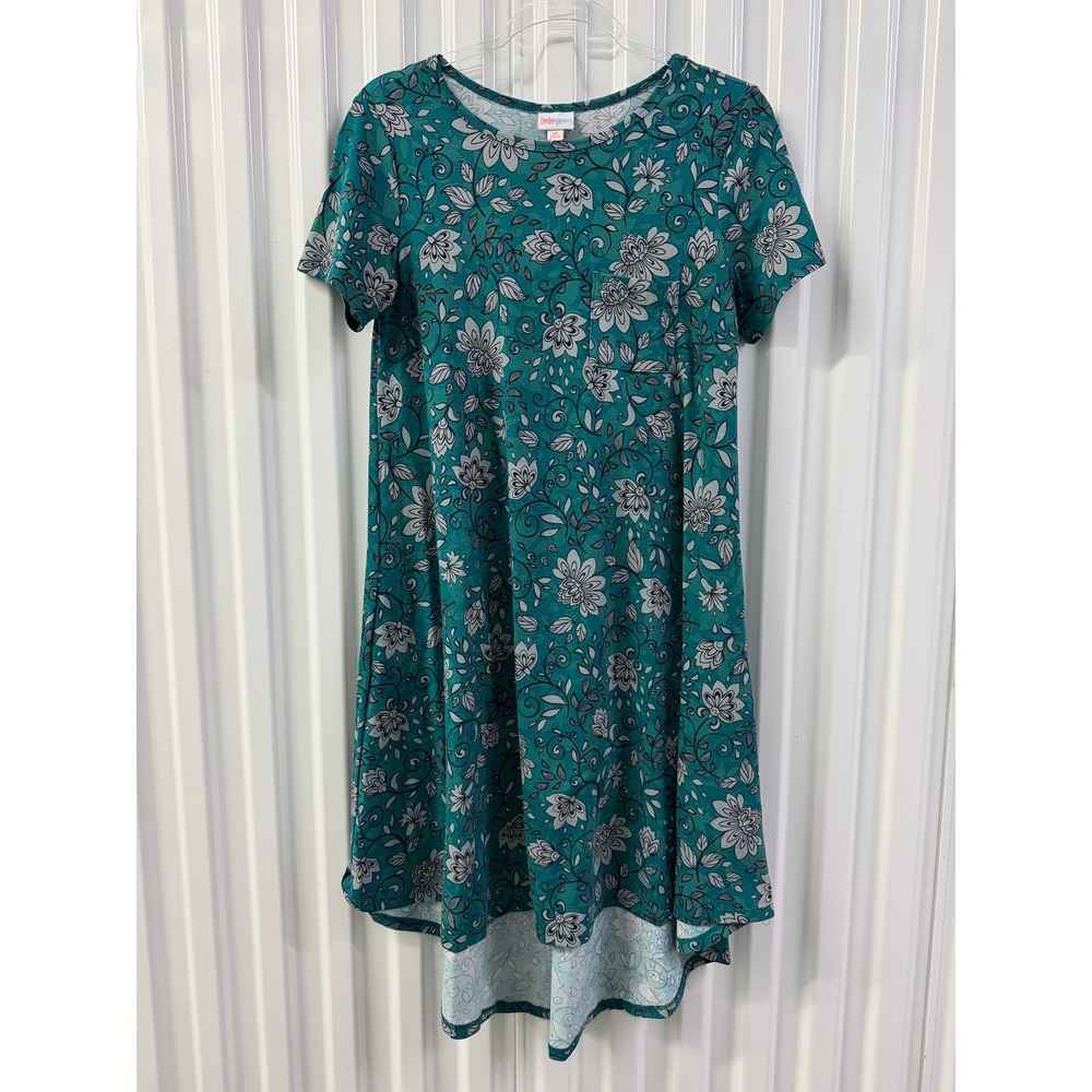 LuLaRoe Carly Dress Women XS Teal Floral High-Low Short Sleeve Excellent Pocket